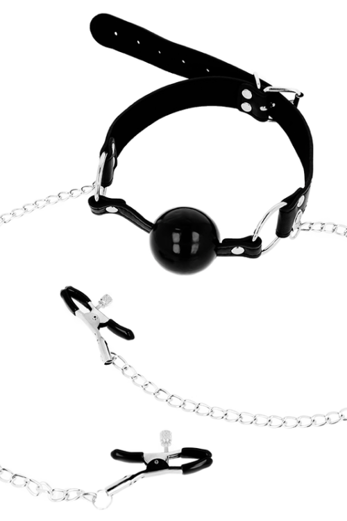 OHMAMA FETISH – MORDAZA BOLA NEGRA CON PINZAS PEZONES