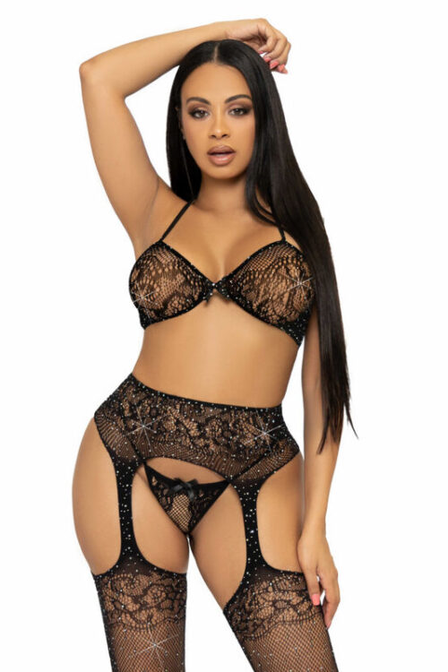 LEG AVENUE – SET TRES PIEZAS SUJETADOR, TANGA Y MEDIAS TALLA UNICA – NEGRO