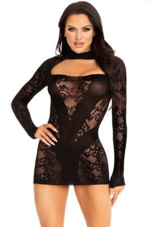 LEG AVENUE - MINI VESTIDO DE ENCAJE CON MANGA LARGA NEGRO