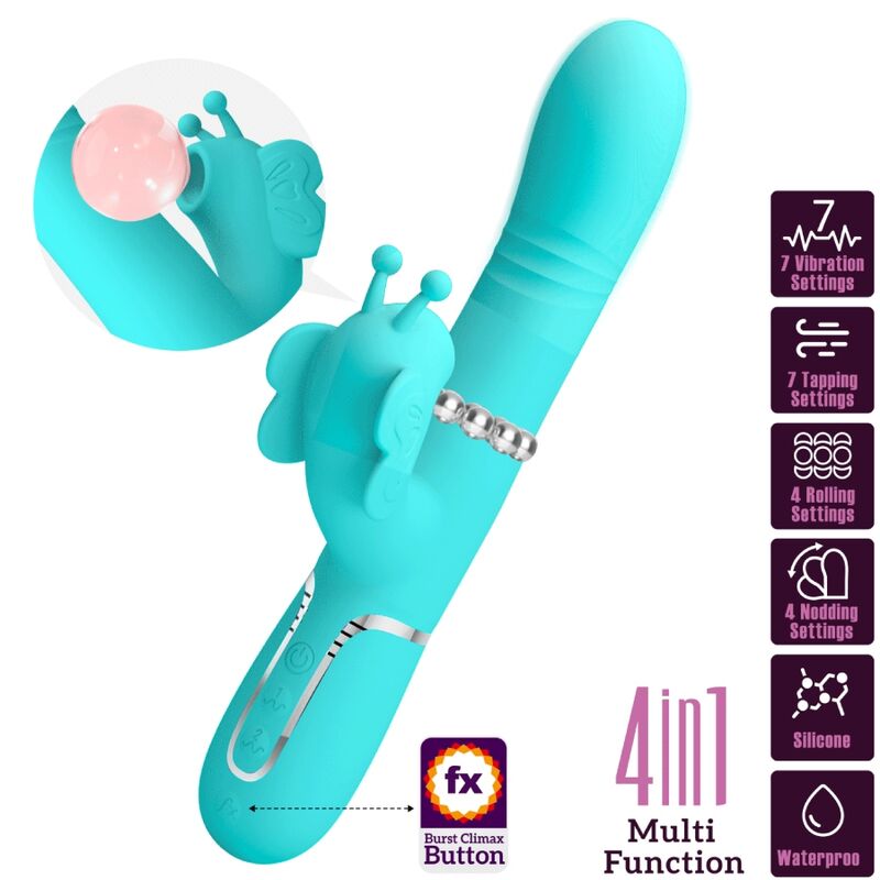 PRETTY LOVE - VIBRADOR RABBIT MULTIFUNCIÓN 4 EN 1 MARIPOSA VERDE AGUA - Imagen 5