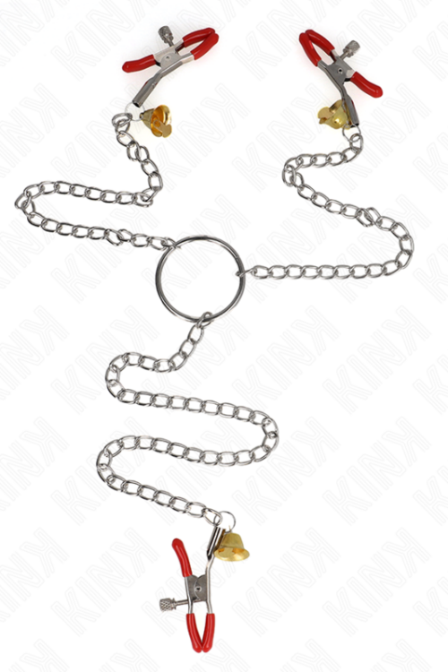 KINK – PINZAS PARA PEZONES Y CLÍTORIS ROJAS CON CASCABEL DORADO Y CADENA 30 CM