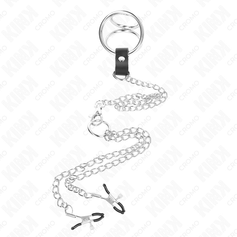 KINK - ANILLO PENE TRIPLE METAL CROMADO 3 CM A 4.5 CM CON CADENA METAL 26 CM Y PINZAS PARA PEZONES - Imagen 5
