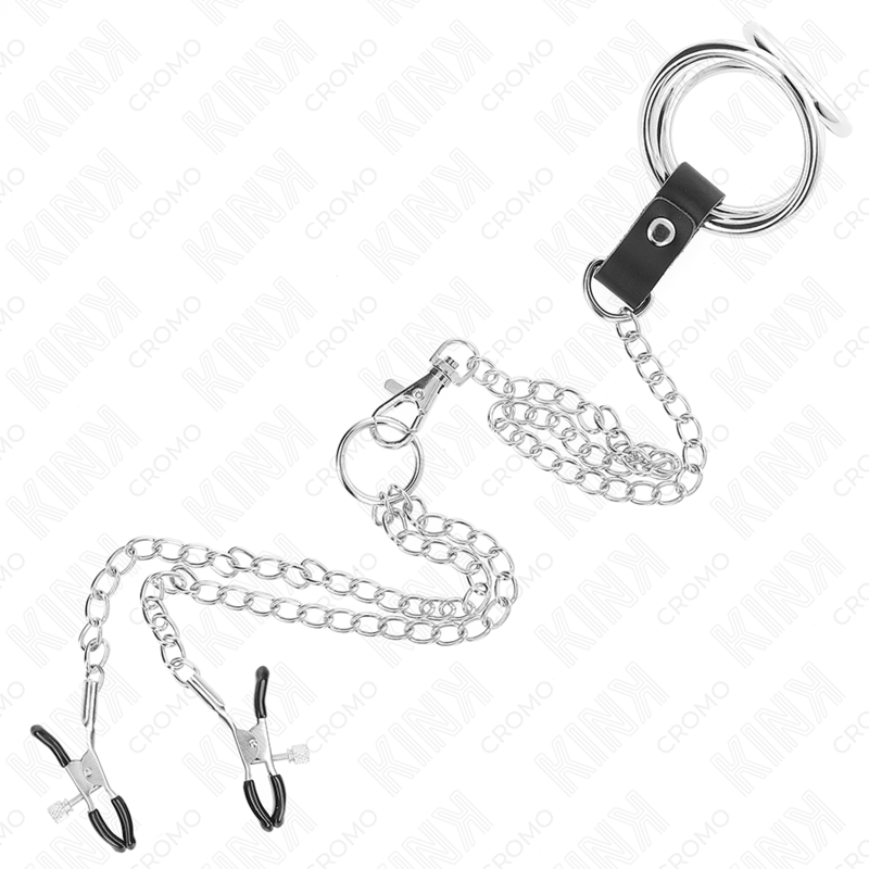 KINK - ANILLO PENE TRIPLE METAL CROMADO 3 CM A 4.5 CM CON CADENA METAL 26 CM Y PINZAS PARA PEZONES - Imagen 4