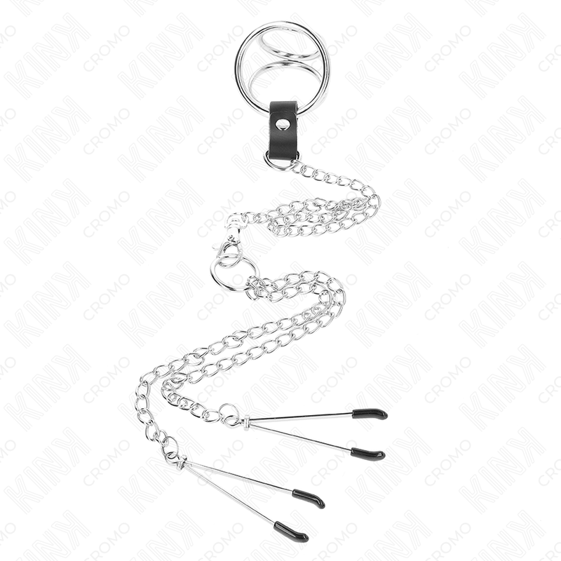 KINK - ANILLO PENE TRIPLE METAL CROMADO 3.8 CM A 5 CM CADENA METAL 26 CM Y PINZAS PARA PEZONES MODELO 2 - Imagen 2