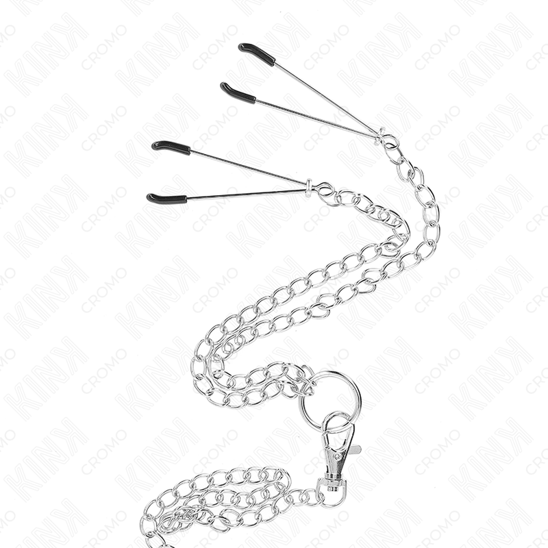KINK - ANILLO PENE TRIPLE METAL CROMADO 3.8 CM A 5 CM CADENA METAL 26 CM Y PINZAS PARA PEZONES MODELO 2 - Imagen 3