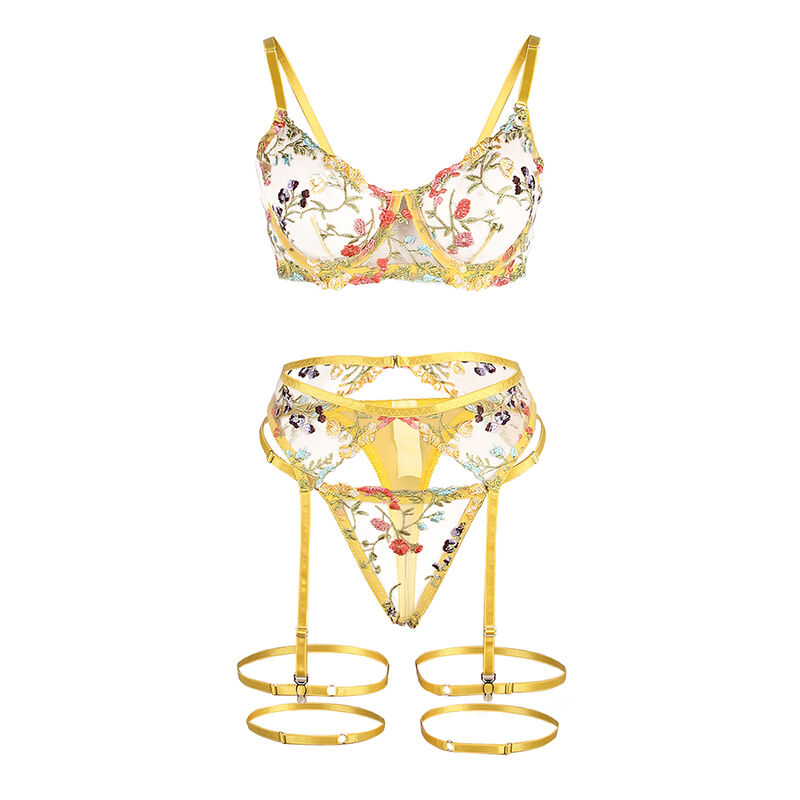 SUBBLIME - 954345 SUJETADOR + TANGA + LIGUEROS DISEÑO FLORAL AMARILLO S/M - Imagen 2