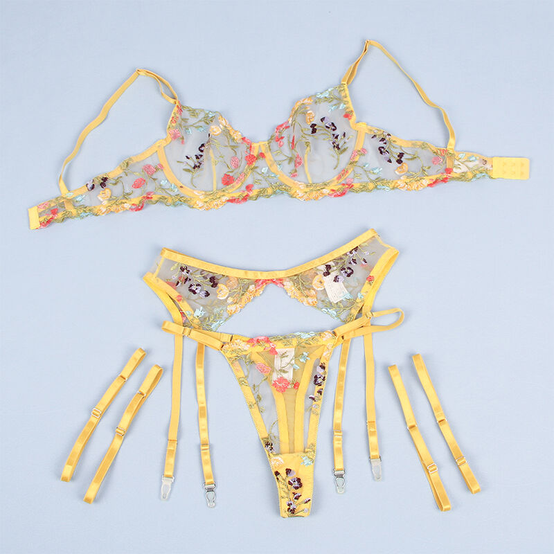 SUBBLIME - 954345 SUJETADOR + TANGA + LIGUEROS DISEÑO FLORAL AMARILLO S/M - Imagen 12