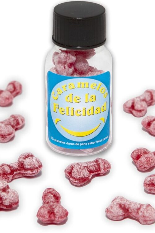 DIABLO PICANTE – BOTE 12 CARAMELOS DE LA FELICIDAD FORMA PENE FRESA/CEREZA
