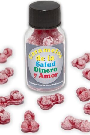 DIABLO PICANTE - 12 CARAMELOS DE LA SALUD-DINERO-AMOR FORMA PENE FRESA/CEREZA