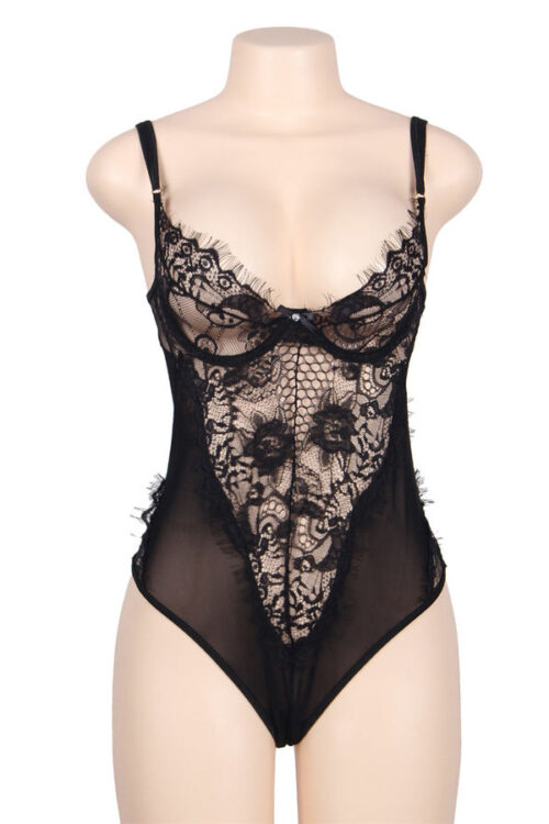 SUBBLIME – TEDDY ENCAJE FLORAL Y CON FLECOS NEGRO TALLA GRANDE