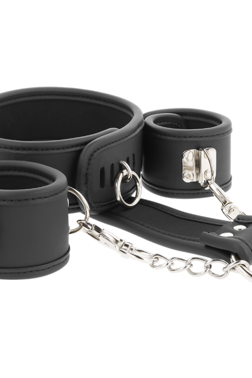 FETISH SUBMISSIVE – COLLAR Y ESPOSAS CUERO VEGANO CON FORRO DE NEOPRENO