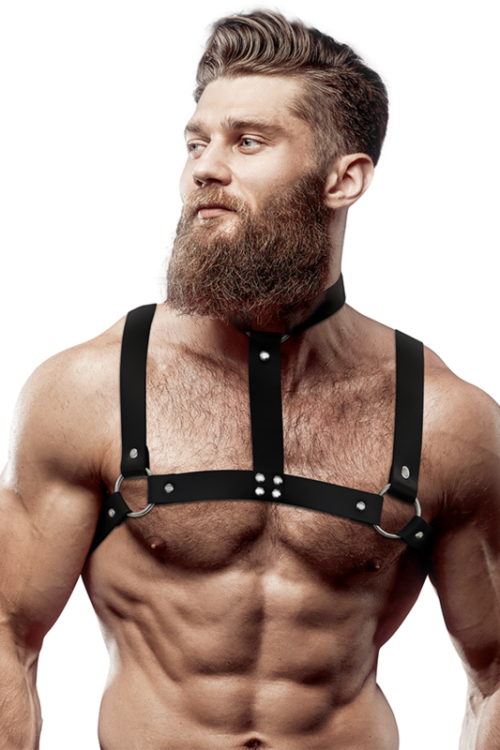 FETISH SUBMISSIVE ATTITUDE – ARNÉS AJUSTABLE ECOPIEL PECHO CON COLLAR HOMBRE