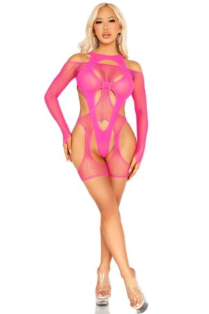 LEG AVENUE - BODY DE REJILLA CON LIGA Y ARNÉS ROSA NEÓN