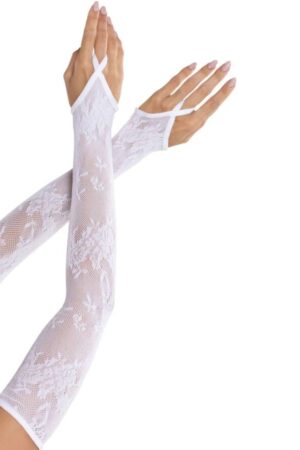LEG AVENUE - GUANTES EXTRALARGOS CALIENTABRAZOS DE ENCAJE FLORAL BLANCO