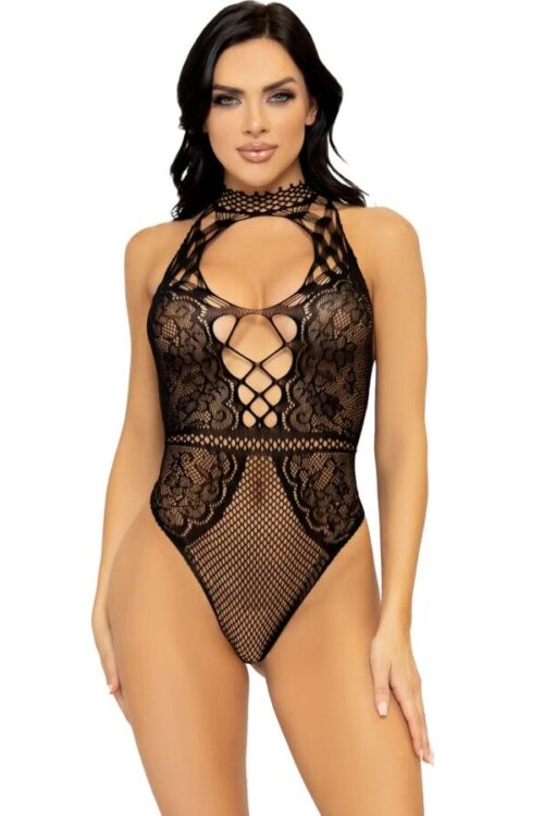 LEG AVENUE – BODY CON ESCOTE HALTER Y ABERTURA ESPALDA DE ENCAJE TALLA ÚNICA