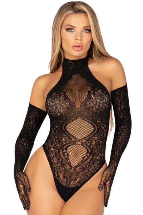 LEG AVENUE – 89363 SET BODY ESPALDA ABIERTA + GUANTES EXTRA LARGOS NEGRO – TALLA ÚNICA