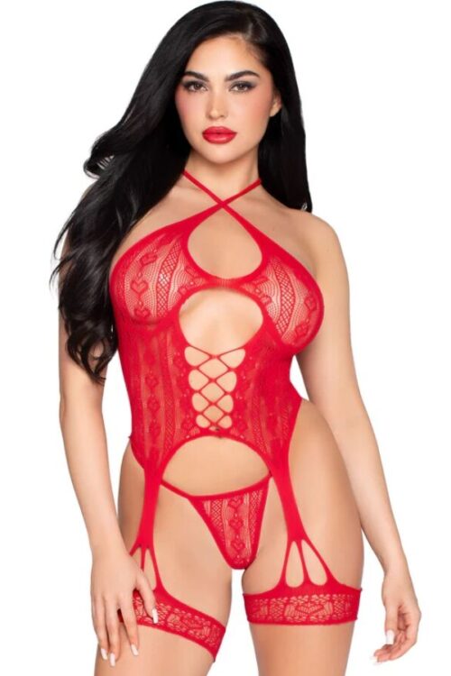 LEG AVENUE – 89338 SET BODY ABIERTO CON LIGUERO + TANGA DE ENCAJE ROJO – TALLA ÚNICA