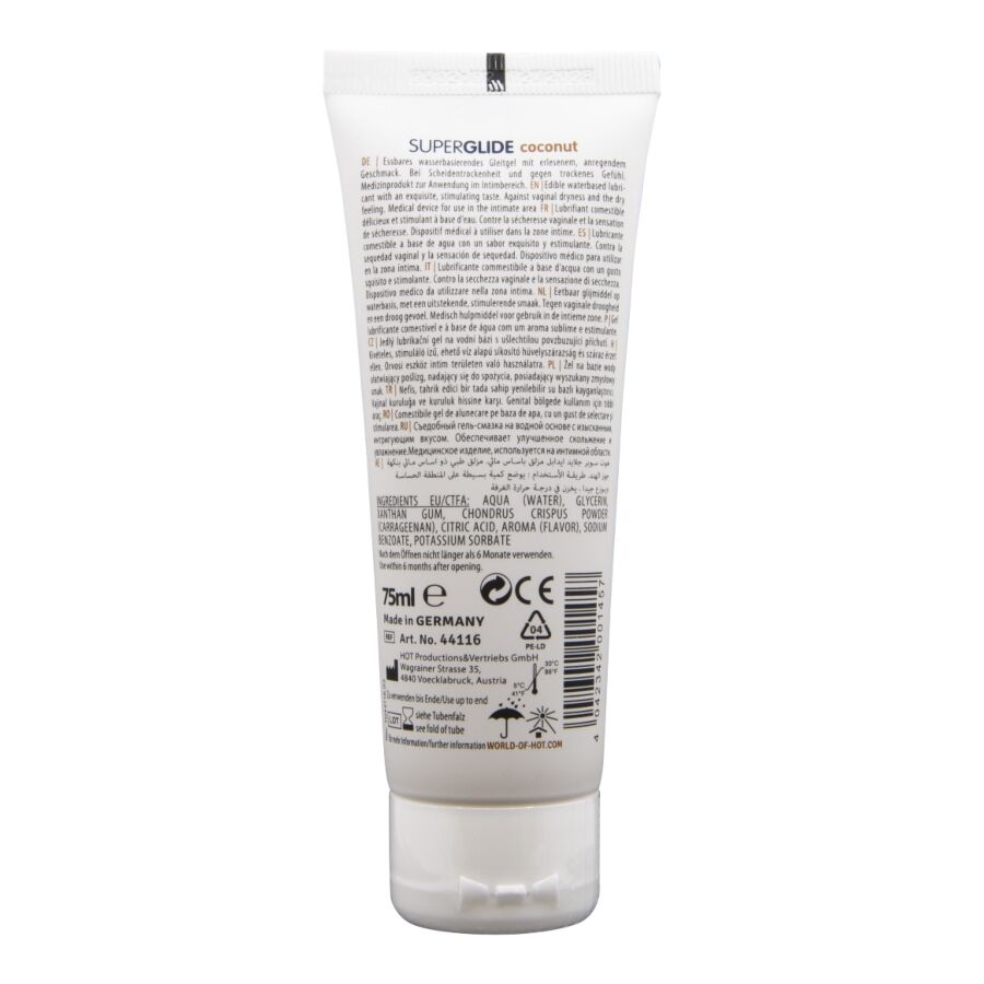 HOT - SUPERGLIDE LUBRICANTE COMESTIBLE BASE AGUA COCO 75 ML - Imagen 2