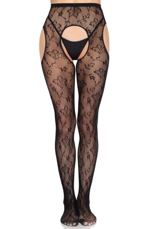 LEG AVENUE – 1967 MEDIAS DE LIGUERO CON RED DE FLORES NEGRO – TALLA ÚNICA