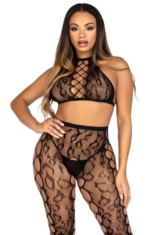 LEG AVENUE – 89372 CROP TOP Y MEDIAS SIN ENTREPIERNA NEGRO – TALLA ÚNICA