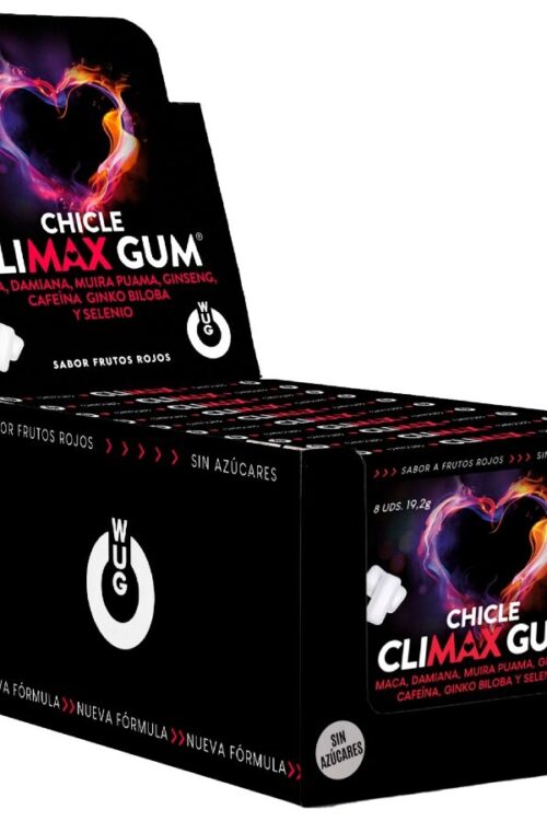 WUG Climax – DISPLAY 12 X 8 UDS | Chicle funcional con Maca, Damiana y Ginseng para potenciar el deseo y la vitalidad íntima