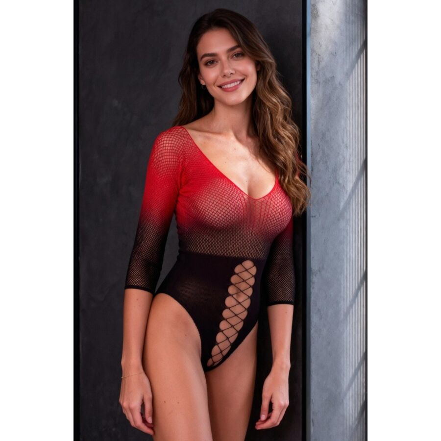 PASSION - BS118 BODYSTOCKING DE MALLA NEGRO Y ROJO - Imagen 2