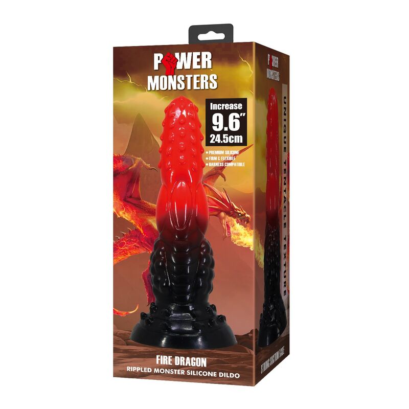 POWER MONSTERS - FIRE DRAGON DILDO FANTASÍA CON VENTOSA 24,5 CM Ø 5,8 CM ROJO Y NEGRO - Imagen 9