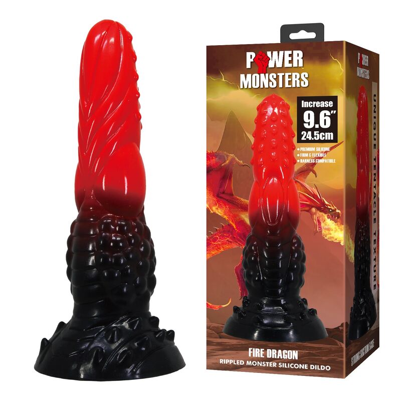 POWER MONSTERS - FIRE DRAGON DILDO FANTASÍA CON VENTOSA 24,5 CM Ø 5,8 CM ROJO Y NEGRO - Imagen 7
